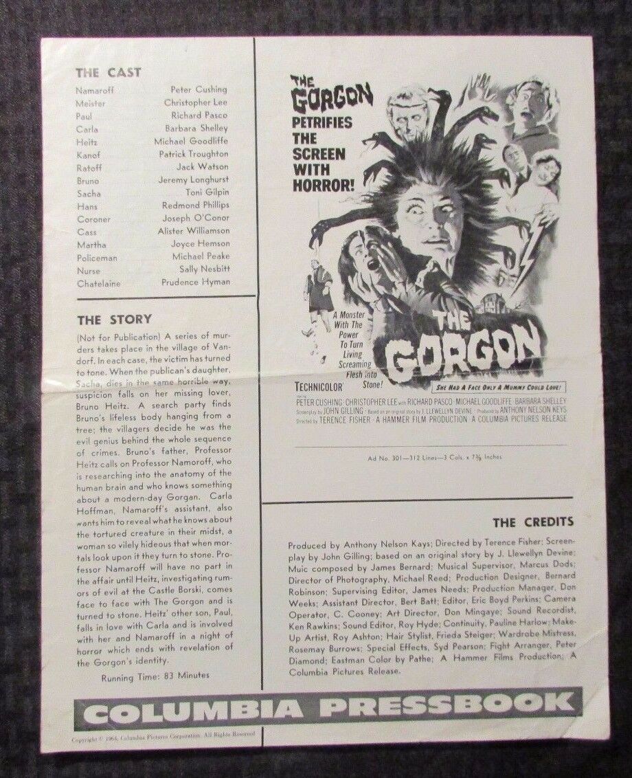 1964 The Gorgon Pressbook Vg- 3.5 11x14" 4pgs Christopher Lee, Peter Cushing