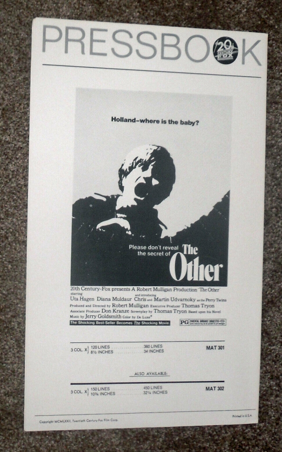The Other Original 1972 Movie Pressbook Tom Tryon/diana Muldaur/uta Hagen